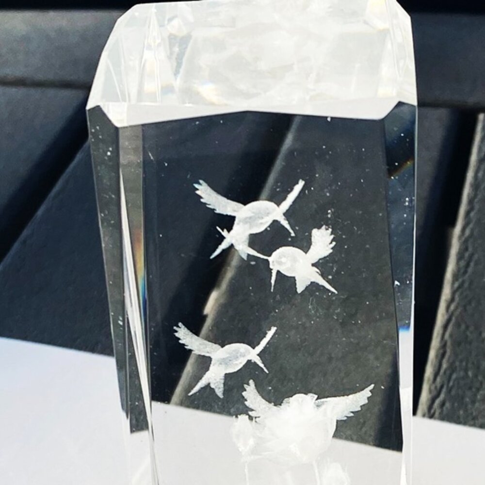 Clear Crystal Glass Tall Pillar Paperweight Birds Flowers Very Heavy